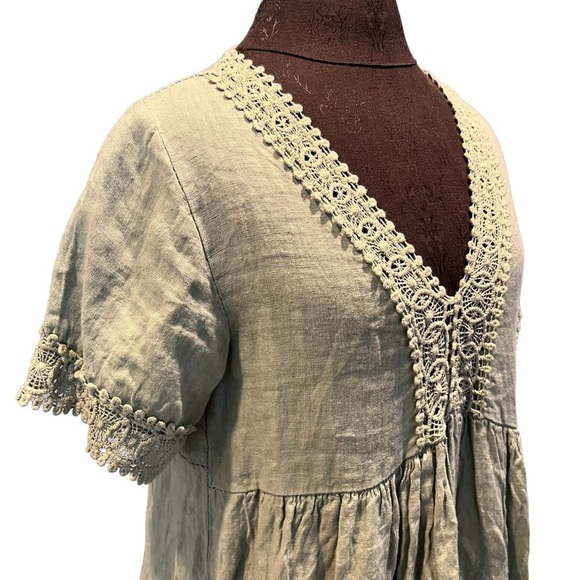 NWT Elena Baldi Sage Linen and Lace Tiered V Neck Babydoll Dress Small New - Picture 2 of 9